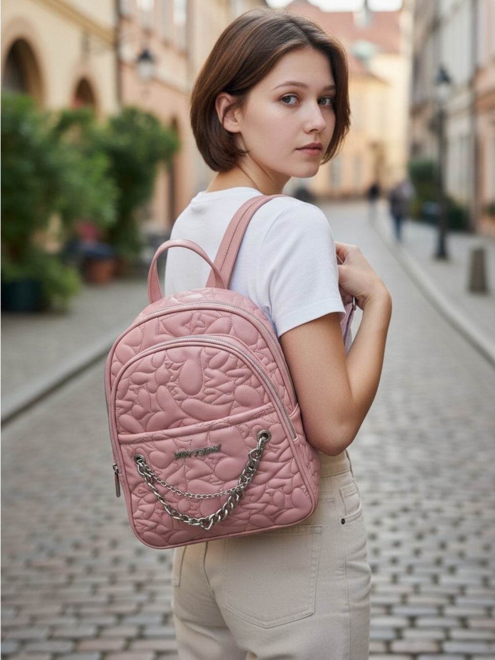 Betsey Johnson blush pink backpack with heart chain